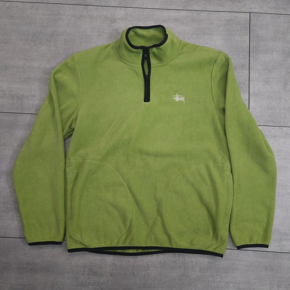 Stussy Mens Lime Green Quarter Zip Polar Fleece Pullover Logo Sweatshirt Large‎